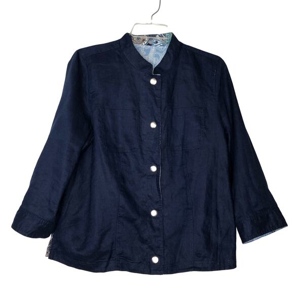 Chico's Wms 1/Med Blue Print 100% Linen Snap Front Jacket Reversible Boho Artsy - Picture 2 of 11
